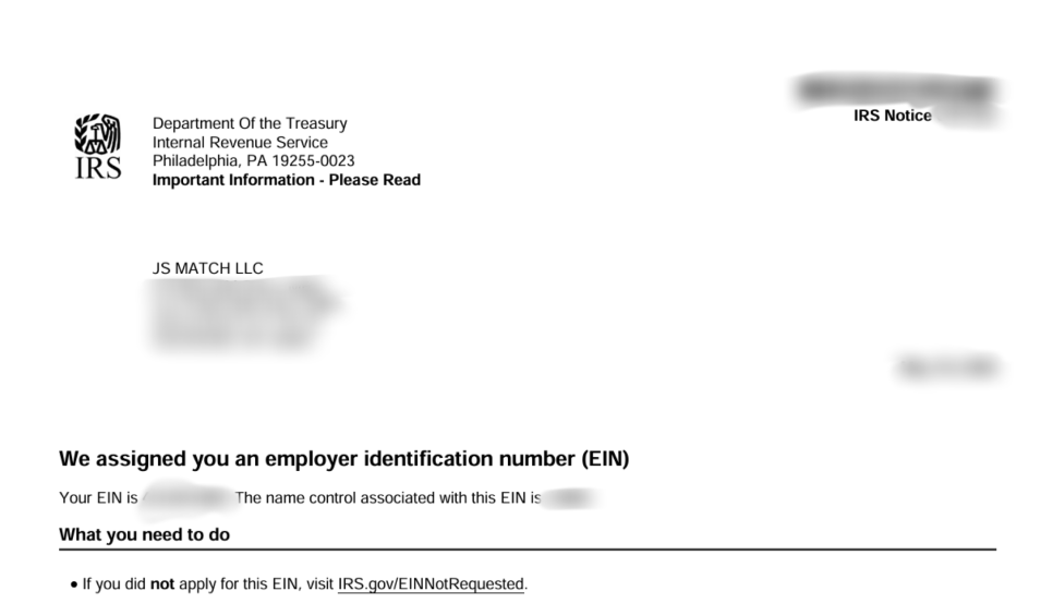 JS Match LLC's IRS EIN confirmation letter